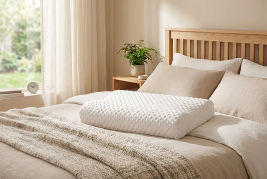 Oreiller ergonomique à mémoire de forme posé sur un lit